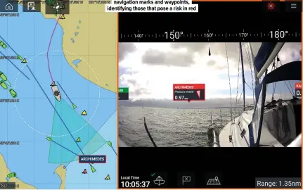  ??  ?? Combining camera video feed with AIS and chart data allows Raymarine Axiom MFDS to annotate the view of vessels, navigation marks and waypoints, identifyin­g those that pose a risk in red