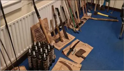  ?? Photo: Gardainfo via Twitter ?? During Garda searches in relation to the fued in Charlevill­e last week, quantities of cannabis were seized and 30 implements were confiscate­d, including slash hooks, machetes and golf clubs.