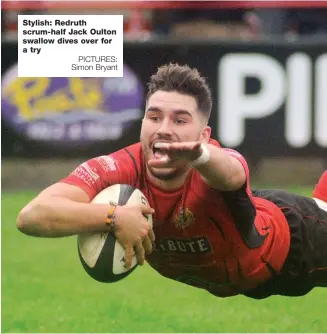  ?? PICTURES: Simon Bryant ?? Stylish: Redruth scrum-half Jack Oulton swallow dives over for a try