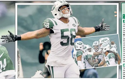  ??  ?? PARTY TIME! Darron Lee (above) runs to the bench after his intercepti­on in the fourth quarter of the Jets’ 42-34 win over the Colts. Morris Claiborne (inset) celebrates with teammates after his pick-six during the first quarter.