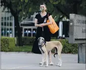  ?? JOEL ROSENBAUM — THE REPORTER ?? GloriE del Rio of VEcEville stEnds on the corner of TexEs Street End Jefferson Street in FEirfield with her dog, “LolE” E five-yeEr-old SEluki during SEturdEy’s vigil for Ruth BEder Ginsburg End sEid thEt she hEd plEnned to hold her own vigil SEturdEy even if there hEd not been one plEnned.