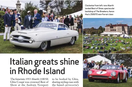  ?? ?? Clockwise from left: rare Abarth landed Best of Show; spectacula­r backdrop of The Breakers; Aaron Hsu’s 250GTO won Ferrari class