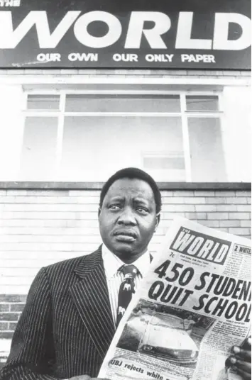  ?? Supplied ?? PERCY Qoboza, editor of The World and Weekend World, both of which were banned, outside the newspapers’ offices just before he was detained without trial. From the media is required simplicity, says the writer. |