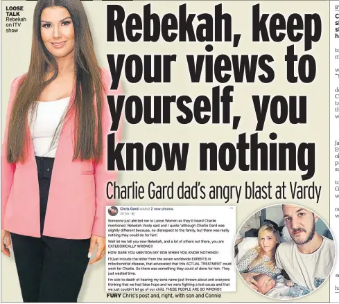  ??  ?? LOOSE TALK Rebekah on ITV show FURY Chris’s post and, right, with son and Connie