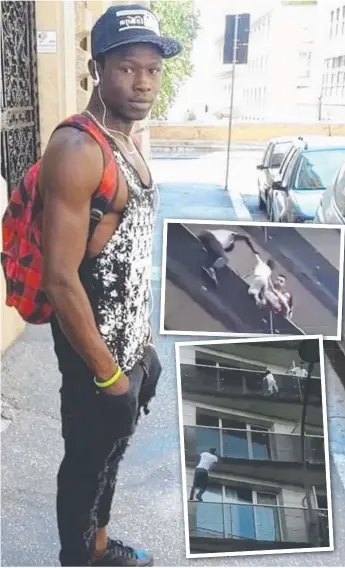  ??  ?? Mamoudou Gassama, 22, scales four storeys of a Parisian apartment building (insets) to rescue a child who was on the outside of the balcony railing.