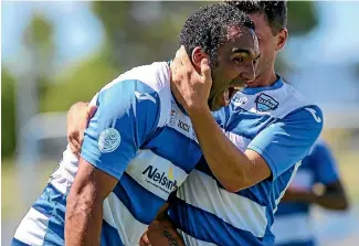  ?? PHOTO: PHILLIP ROLLO/FAIRFAX NZ ?? Tasman United captain Paul Ifill celebrates after scoring the opening goal in their 2-1 win over Eastern Suburbs yesterday.