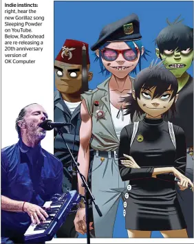  ??  ?? Indie instincts: right, hear the new Gorillaz song Sleeping Powder on YouTube. Below, Radiohead are re-releasing a 20th anniversar­y version of OK Computer
Not content with putting 26 songs on the deluxe edition of their recent album Humanz, have just...