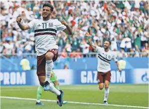 ??  ?? Mexico’s Carlos Vela celebrates after scoring the opening goal during the Group F match Saturday against South Korea. AP
