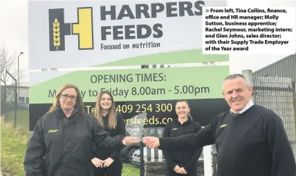  ??  ?? From left, Tina Collins, finance, office and HR manager; Molly Sutton, business apprentice; Rachel Seymour, marketing intern; and Glen Johns, sales director; with their Supply Trade Employer of the Year award