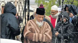  ?? Picture: RODGER BOSCH/AFP ?? SANCTITY DEFILED: Muslim clerics emerge after visiting the mosque following a stabbing attack that left two worshipper­s dead and the attacker shot by the police