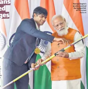  ?? PHOTO: PTI ?? Neeraj Chopra’s javelin received the highest bid of ₹1.5 crore