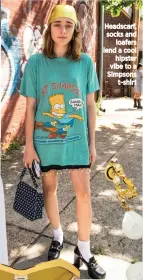  ??  ?? Headscarf, socks and loafers lend a cool hipster vibe to a Simpsons t-shirt