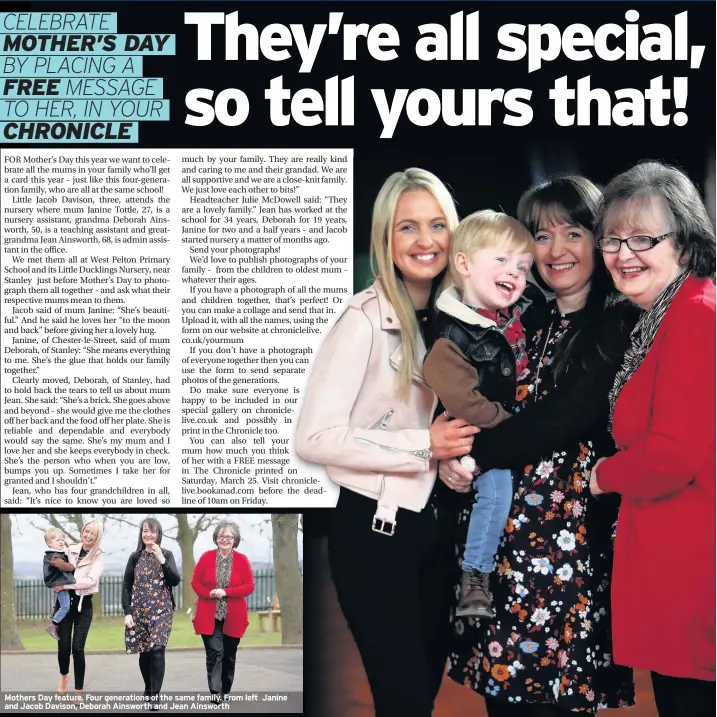  ??  ?? Mothers Day feature. Four generation­s of the same family. From left Janine and Jacob Davison, Deborah Ainsworth and Jean Ainsworth