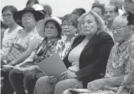  ??  ?? Congresswo­man Zoe Lofgren, second from right, and residents attend a meeting at Wesley United Methodist Church in San Jose. The Thursday meeting concerned the need for revitaliza­tion at the Fuji Towers, a building for low-income renters.