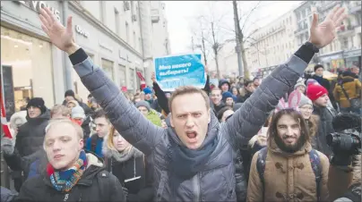  ?? AP PHOTO ?? Russian opposition leader Alexei Navalny attends a rally in Moscow on Sunday. Navalny was arrested while walking with protesters, as demonstrat­ions took place across the country.