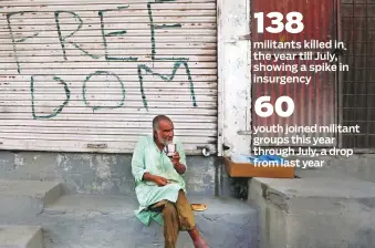  ?? Reuters ?? A Kashmiri man drinks tea in front of a closed shop painted with graffiti in Anchar neighbourh­ood in Srinagar.