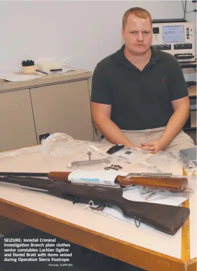  ?? Pictures: SUPPLIED ?? SEIZURE: Innisfail Criminal Investigat­ion Branch plain clothes senior constables Lachlan Ogilive and Daniel Bratt with items seized during Operation Sierra Footrope.