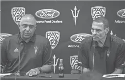  ??  ?? Former NFL coach Marvin Lewis (left) and Arizona State coach Herm Edwards speak to the media on Wednesday in Tempe. Lewis will serve as a special adviser to the Sun Devil football program.
