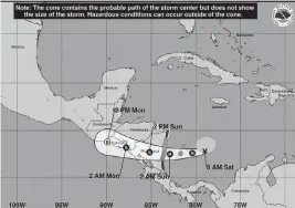 ?? National Hurricane Center/TNS ?? As of 5 p.m. Saturday, the National Hurricane Center forecast Tropical Storm Julia’s track moving across Central America. Go to miamiheral­d.com for the latest updates.