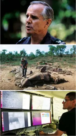  ??  ?? From top Johan Jooste, head of the Kruger’s anti-poaching operation; a ranger inspects the carcase of a poached rhino; the postcode meerkat operations trailer