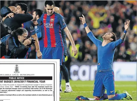  ?? PHOTO: JOSEP LAGO/AFP PHOTO ?? Neymar, right, celebrates Barcelona’s 6-1 victory over PSG as the Spanish giants completed the biggest comeback in Uefa Champions League’s history at the Camp Nou on Wednesday.