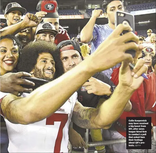  ?? GETTY ?? Colin Kaepernick may have received a big boost from NFL after news league hired firm to conduct a poll that asked fans their feelings about QB’s protests.