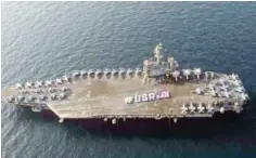  ??  ?? This US Navy photo obtained yesterday shows sailors as they spell out #USA with the American flag on the flight deck of the aircraft carrier USS Theodore Roosevelt in the Gulf. Theodore Roosevelt is deployed to the US 5th Fleet area of operations as...