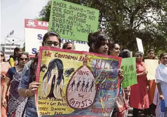  ?? AFP PIC ?? Students taking part in a protest in Jalandhar, Punjab state, yesterday, over the high-profile rape cases in Jammu and Kashmir and Uttar Pradesh states.