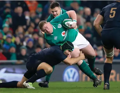  ??  ?? Tadhg Furlong’s work around the pitch with ball in hand continues to impress