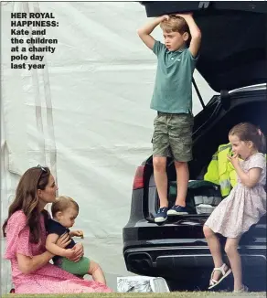  ?? Picture: SAMIR HUSSEIN/GETTY ?? HER ROYAL HAPPINESS: Kate and the children at a charity polo day last year