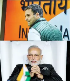  ??  ?? Combinatio­n of file pictures shows Rahul Gandhi (top) and Narendra Modi. — AFP photo