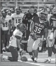  ?? File Photo/NWA Democrat-Gazette/ANTHONY REYES • @NWATONYR ?? Springdale Har-Ber linebacker Oliver Nasilai (35) celebrates tackling Erick Mendez of Springdale High for a loss Sept. 30, 2016, at Wildcat Stadium in Springdale. Nasilai, the All-NWADG Division I Defensive Player of the Year last season, returns to...