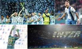  ?? Composite: Reuters; AFP via Getty Images; AFLO/Shuttersto­ck ?? Juventus celebrate with the Serie A trophy, Lazio’s Ciro Immobile scores again, Milan’s fans use lights to antagonise their rivals and Lecce keeper Gabriel has another bad day.