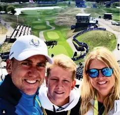  ??  ?? High hopes: Ian Poulter with his wife Katie and son Luke at the top of the first-tee grandstand