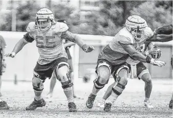  ?? Jordan Burgess / UH Athletics ?? Former Louisiana Tech center Kody Russey, left, decided to forgo entering the NFL draft last season in order to refine his techniques and, hopefully, boost his projected stock for 2022.