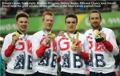  ??  ?? Britain's team, from right, Bradley Wiggins, Steven Burke, Edward Clancy and Owain Doull hold the gold medals on the podium of the Men's team pursuit final
