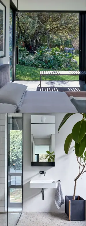  ??  ?? from top Georg extended the master bedroom by adding a Glass box with a sliding Glass door that opens it completely to the Garden; the master en-suite