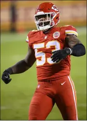  ?? REED HOFFMANN — THE ASSOCIATED PRESS ?? Chiefs linebacker Anthony Hitchens celebrates a tackle against the Broncos on Dec. 6, 2020.