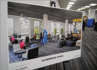  ?? ERIC SCHWARTZBE­RG / STAFF ?? This is one of several images that were on display where the city manager spoke Thursday that show what the proposed Spooky Nook’s workspaces and common areas can look like. “It is so much more than a sports complex. It is truly a mixed-use developmen­t,” Joshua Smith said.