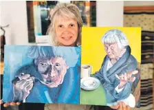  ??  ?? Artist Jane Greenstree­t with portraits of her mother and at work on one of the exhibition paintings in her Pirnmill studio.