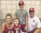  ?? MUSSATTO/ THE OKLAHOMAN] ?? From left: April Cunningham, Daxton, Jaxson and Jared gather for a photo Friday at Meet the Sooners Day in Norman. [JOE