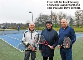  ?? ?? Front, club chairman Frank Murray and Councillor Matt Swindlehur­st with some of the users of the tennis club.
From left, Mr Frank Murray, Councillor Swindlehur­st and club treasurer Dave Bennett.