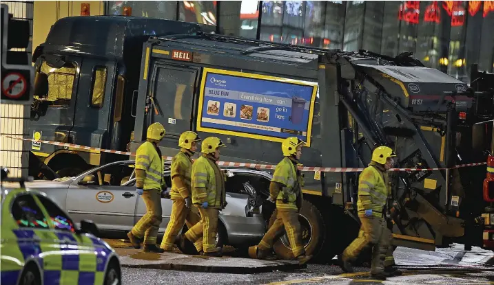  ??  ?? Nightmare journey: The lorry sped along Queen Street pavement before heading for George Square and crashing into the Millennium Hotel beside Queen Street railway station