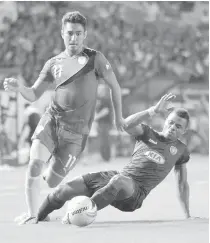  ??  ?? Azkals standout Patrick Reichelt ( left), who plays for Ceres La Salle FC scored two goals against Tampines Rovers FC in the second leg of the 2016 RHB Singapore Cup.