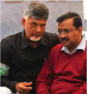  ?? — BUNNY SMITH ?? Delhi chief minister Arvind Kejriwal ( right) with his Andhra Pradesh counterpar­t N. Chandrabab­u Naidu, who sat on a day- long dharna demanding special status for his state, in New Delhi on Monday.