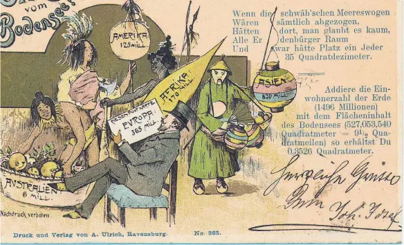  ?? FOTO: SCHWEIZER ?? Verharmlos­ende Darstellun­g der Bodenseere­gion als Handelspla­tz für „Kolonialwa­ren“auf einer Postkarte um das Jahr 1900. Original in der Sammlung Karl Dietlein.