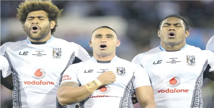  ?? Photo: Zimbio ?? Vodafone Fijian Bati hooker James Storer (middle) sings his heart out during one his Test outing in Sydney, Australia. Storer is one of our key players at the 2017 Rugby League World Cup.