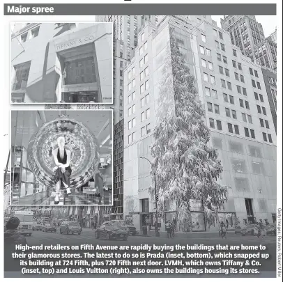  ?? ?? High-end retailers on Fifth Avenue are rapidly buying the buildings that are home to their glamorous stores. The latest to do so is Prada (inset, bottom), which snapped up its building at 724 Fifth, plus 720 Fifth next door. LVMH, which owns Tiffany & Co. (inset, top) and Louis Vuitton (right), also owns the buildings housing its stores.