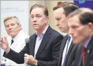  ?? Arnold Gold / Hearst Connecticu­t Media ?? Gov. Ned Lamont speaks at a roundtable discussion on the impact of the coronaviru­s at Bridgeport Hospital's Milford Campus on Friday.