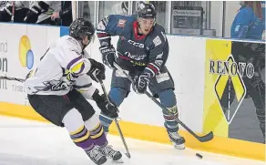  ??  ?? Dundee CCS Stars’ Mikael Lidhammer, seen going one-on-one with Manchester Storm’s Dallas Ehrhardt, will be a vital player against Clan.
